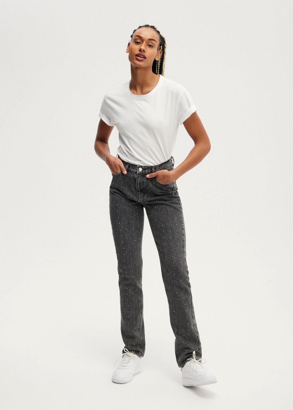 Rhinestone High Rise Straight Jeans - grijsuseddark