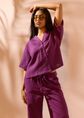Korte mouwen blouse linnenmix, donkerpaars, large