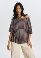 Gestreept off shoulder T-shirt, donkerbruin, large