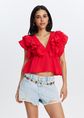 Ruffle V-hals top, rood, large
