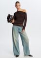 Lange mouwen top met kanten details, donkerbruin, large